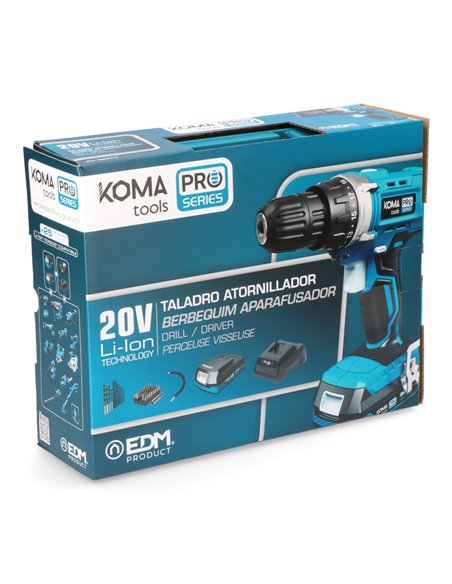 Kit taladro atornillador con 40 accesorios 20V con batería y cargador Koma Tools