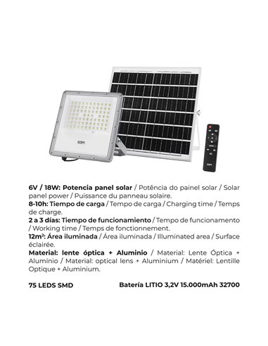 Foco proyector LED solar 200W 1.500lm 6.500K IP65 EDM