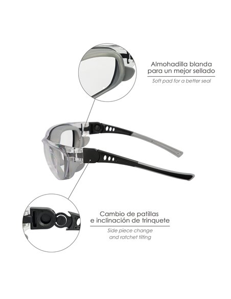 Óculos de segurança acolchoados, lentes transparentes com hastes ou borracha elástica. EN/166 Templos Emborrachados