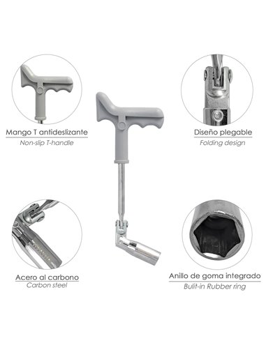 Chave articulada para velas de ignição 16 mm. Com alça em T
