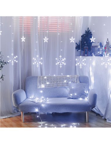 Cortina LED con estrellas y copos de nieve 3,5M 8 funciones Luz fría IP44