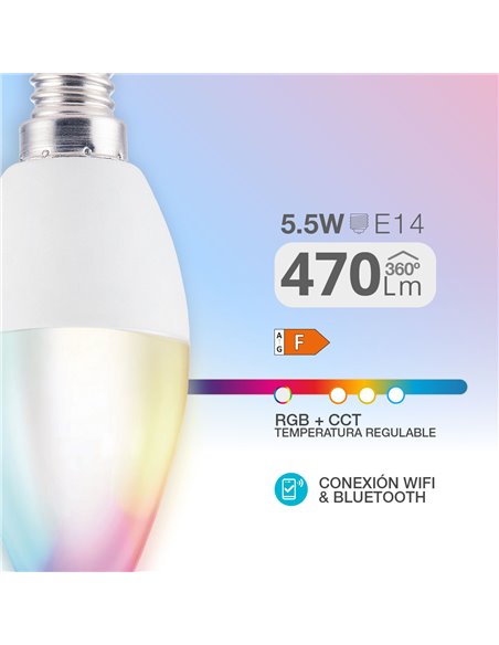 Lâmpada vela LED inteligente 5,5W E14 RGB + CTT regulável