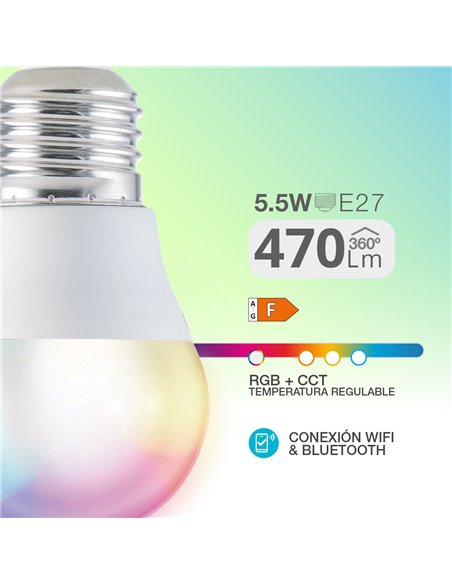 Lámpara LED esférica inteligente 5,5W E27 RGB + CTT regulable