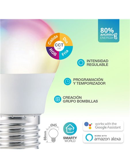Lámpara LED esférica inteligente 5,5W E27 RGB + CTT regulable