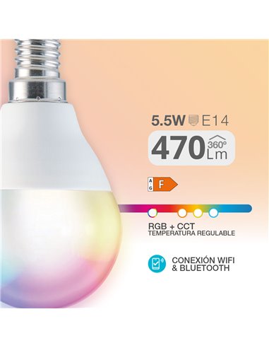 Lámpara LED esférica inteligente 5,5W E14 RGB + CTT regulable