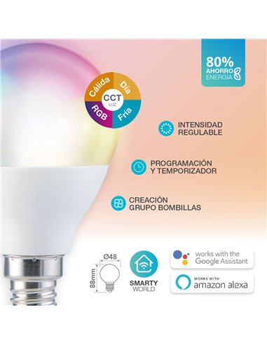 Lámpara LED esférica inteligente 5,5W E14 RGB + CTT regulable
