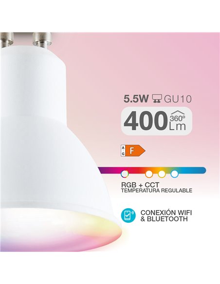 Lámpara LED dicroica inteligente 5,5W GU10 RGB + CTT regulable