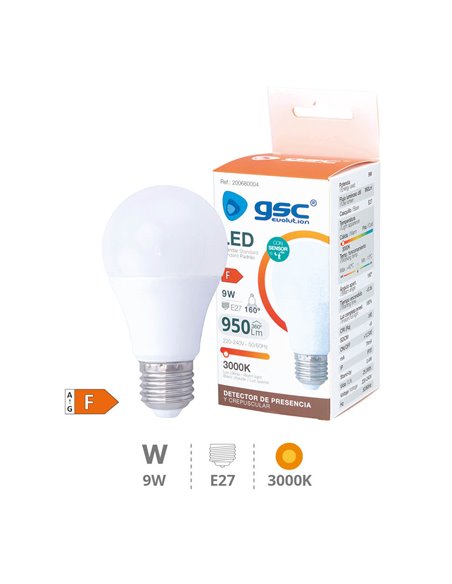 Lámpara LED estándar con sensor presencia + crepuscular 9W E27 3000K