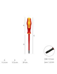 Destornillador Plano Aislado Certificado VDE 1.000 V. Medida 1,6x Ø 8,0 x 175 mm. Destornillador Seguridad Electricista 2