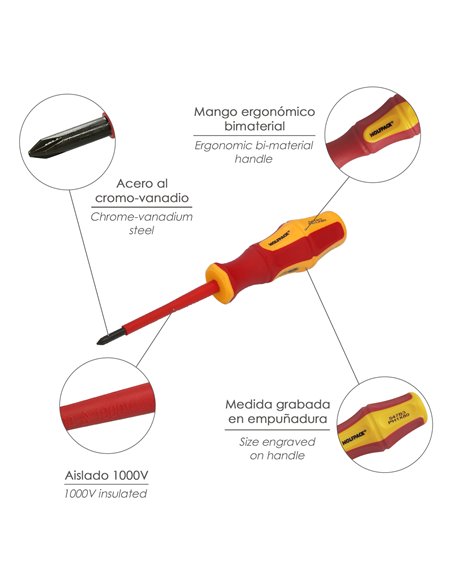 Destornillador Phillips Aislado Certificado VDE 1.000 V. Medida PH 1 - 4,5 x 80 mm. Destornillador Seguridad Electricista