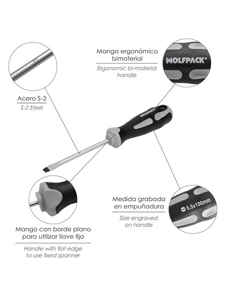 Destornillador Plano Estampado Acero S2 Mango TPR Bimaterial. Medida 1,0 x Ø 5,5 x 100 mm.  DIN5265