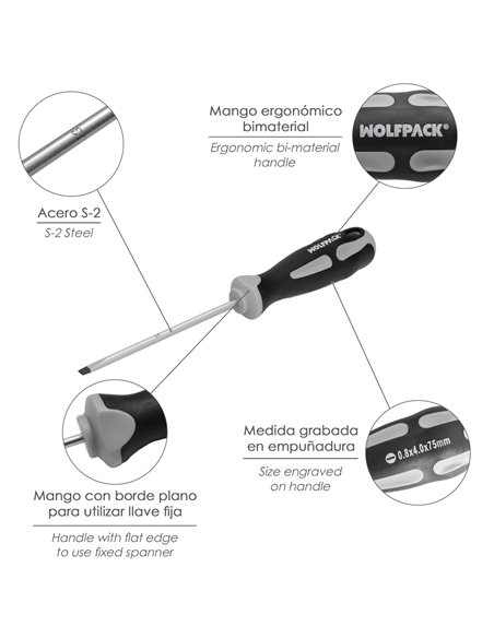 Destornillador Plano Vaciado Acero S2 Mango TPR Bimaterial. Medida 0,8 x Ø 4,0 x 75 mm.  DIN5265