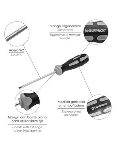 Destornillador Plano Vaciado Acero S2 Mango TPR Bimaterial. Medida 0,8 x Ø 4,0 x 100 mm.  DIN5265