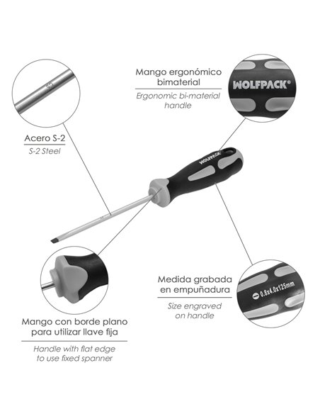 Destornillador Plano Vaciado Acero S2 Mango TPR Bimaterial. Medida 0,8 x Ø 4,0 x 125 mm.  DIN5265