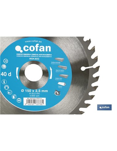 Disco de serra para madeira Ø150 x 20mm, 40 dentes