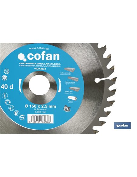 Disco de serra para madeira Ø150 x 20mm, 40 dentes
