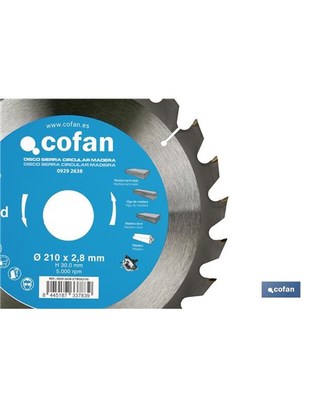 DISCO DE SIERRA CIRCULAR PARA MADERA Ø210 X 2,8 X 30 MM, 24 DIENTES