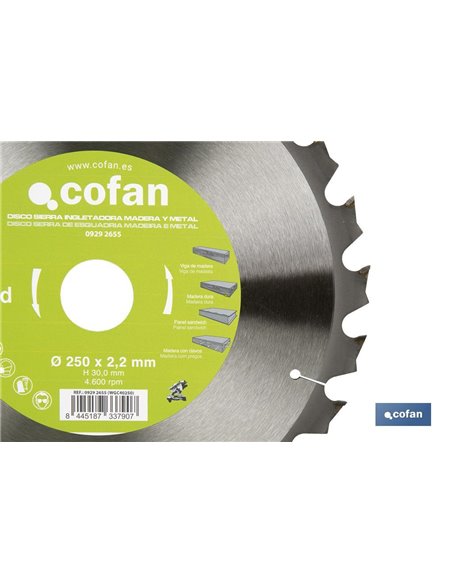 DISCO DE SIERRA INGLETADORA PARA MADERA/METAL Ø250 X 2,2 X 30 MM, 24 DIENTES