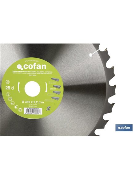 DISCO DE SIERRA INGLETADORA PARA MADERA/METAL Ø350 X 2,2 X 30 MM, 28 DIENTES
