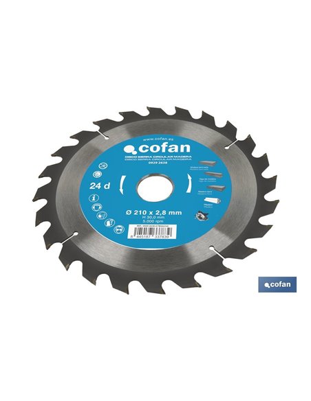 DISCO DE SIERRA CIRCULAR PARA MADERA Ø210 X 2,8 X 30 MM, 24 DIENTES