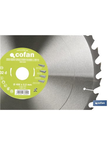 DISCO DE SIERRA INGLETADORA PARA MADERA/METAL Ø400 X 2,2 X 30 MM, 32 DIENTES