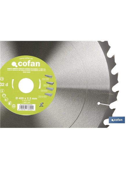 DISCO DE SIERRA INGLETADORA PARA MADERA/METAL Ø400 X 2,2 X 30 MM, 32 DIENTES
