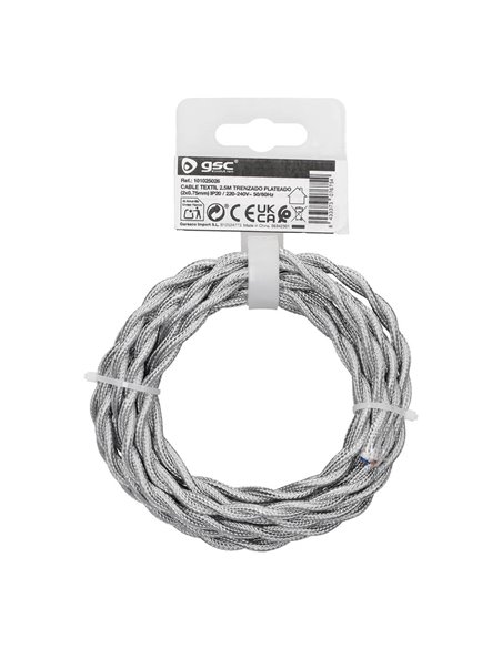 Cable textil 2,5M (2x0.75mm) trenzado Plateado