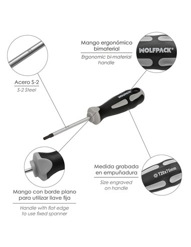 Destornillador Torx Inviolable Acero S2 Mango TPR Bimaterial. Medida T20 x Ø 5,0 x 75 mm.
