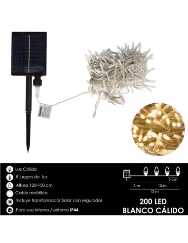 Luzes solares de Natal 200 LEDs luz quente, bateria recarregável, IP44