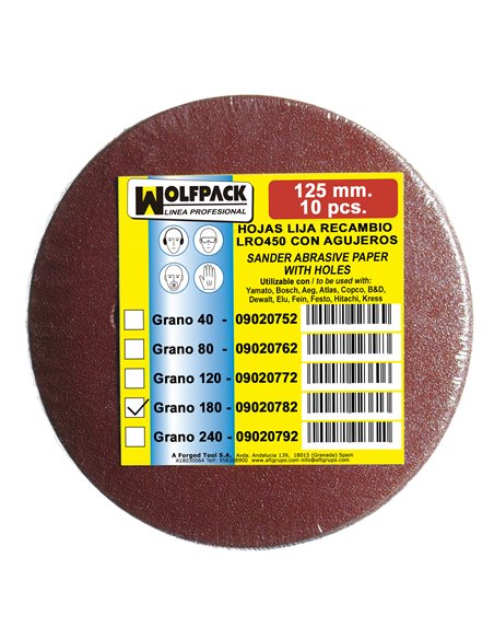 Disco de lixa de reposição com velcro Ø 125 mm. Com 180 furos de grãos (10 peças)
