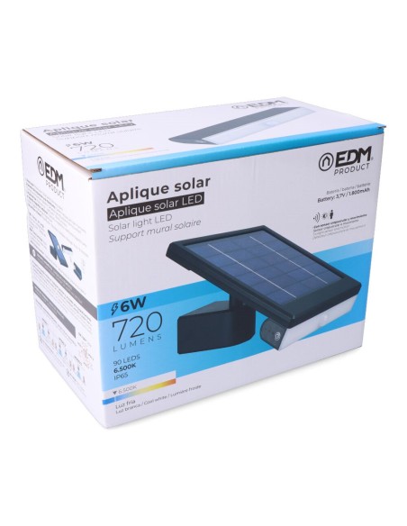Aplique solar led 6w 720lm 6.500k con sensor crepuscular y movimiento. color negro edm