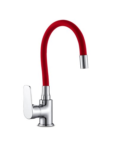 Misturador para lava-loiça com bico de borracha flexível vermelho