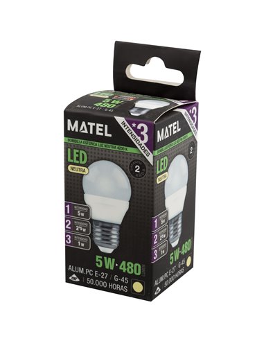 Bombilla led esférica matel e27 5w neutra (3 intensidades)