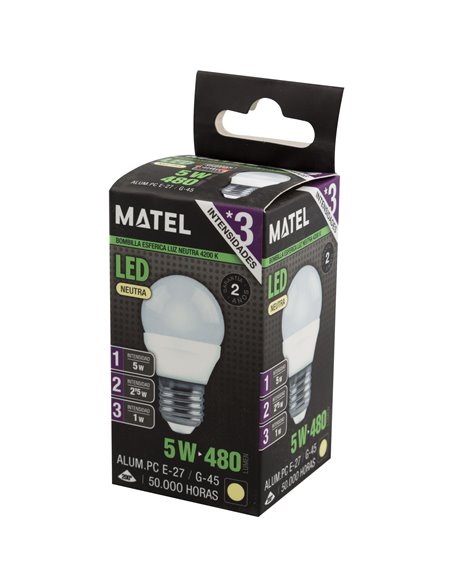 Bombilla led esférica matel e27 5w neutra (3 intensidades)