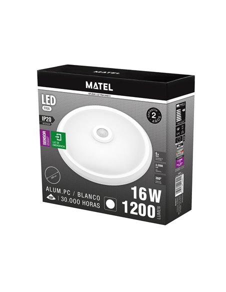 Aplique redondo led com sensor de emergência ip20 matel 16w frio