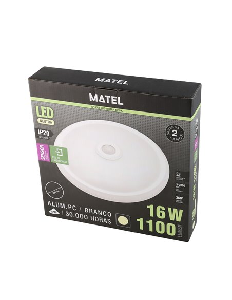Aplique LED redondo com sensor de emergência ip20 matel 16w neutro