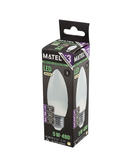 Bombilla led vela matel 5w e27 neutra (3 intensidades)