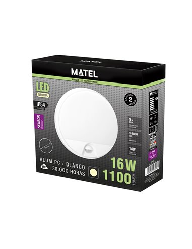 Aplique LED redondo matel sensor IP54 16W 4200K