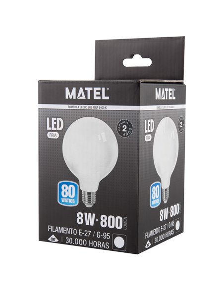 Lâmpada LED de filamento Matel E27 g95 8W 6400K opala