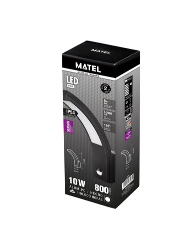 Aplique led sensor exterior ip54 matel negro fría