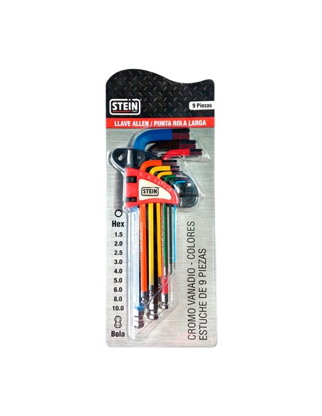 Juego llave allen stein larga punta bola cr-v 9 piezas colores