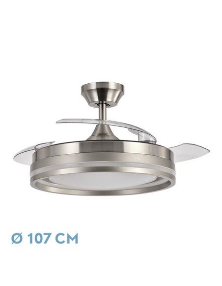 Ventilador Dc Cerrato Niquel 72w 3aspas Desplegables 107d 7200lm 6vel 3000k,4500k,6000k, Remoto+temporizador+memoria