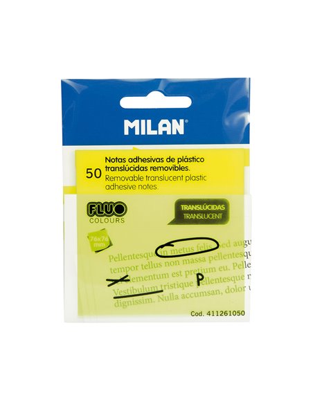 Bloc 50 notas adhesivas translúcidas amarillo fluo 76x76mm milan