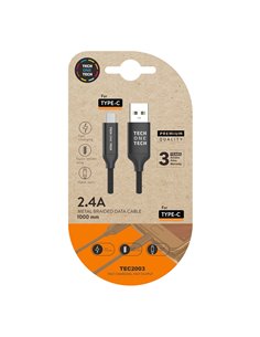 Cable negro nylon (usb-a a usb-c), 1m 2a tech one tech
