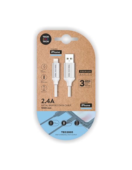 Cable blanco nylon (usb-a a lightning/apple) 1m 2a tech one tech