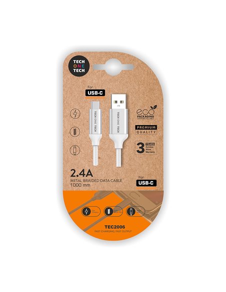 Cabo USB-A para USB-C de nylon branco 1m 2A Tech One Tech