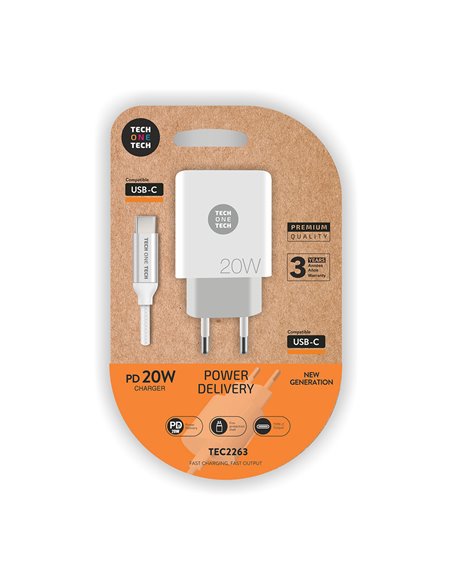 Cargador pd 20w + cable usb-c blanco tech one tech