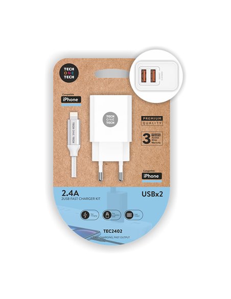 Cargador doble blanco+cable nylon lightn/apple 2,4 tech one tech