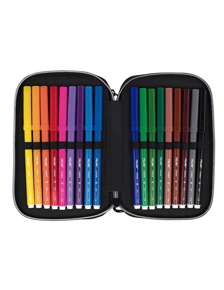 Plumier de 2 pisos con contenido sunset, negro y rosa milan