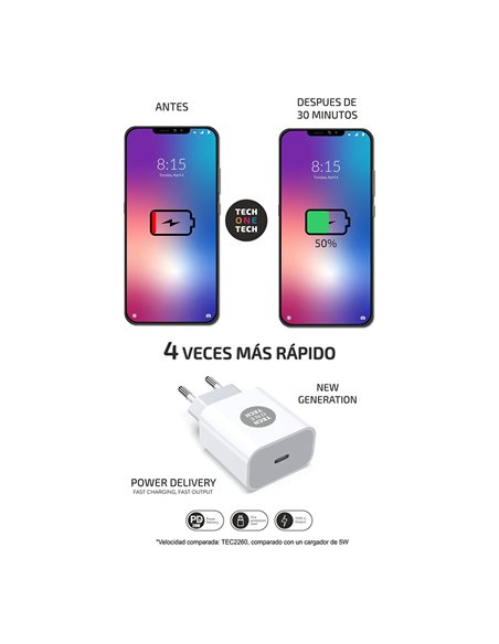 Cargador pd 20w rápido power delivery. blanco tech one tech